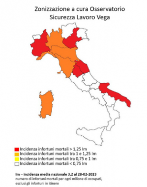 La mappa a colori del rischio morti bianche nei primi 2 mesi del 2023