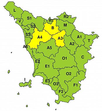 La mappa dell'allerta della Regione Toscana