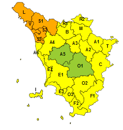 La mappa dell'allerta della Regione Toscana