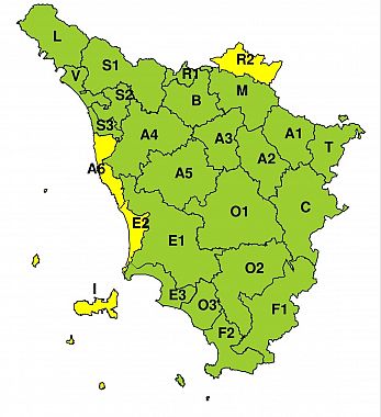 La mappa dell'allerta della Regione Toscana